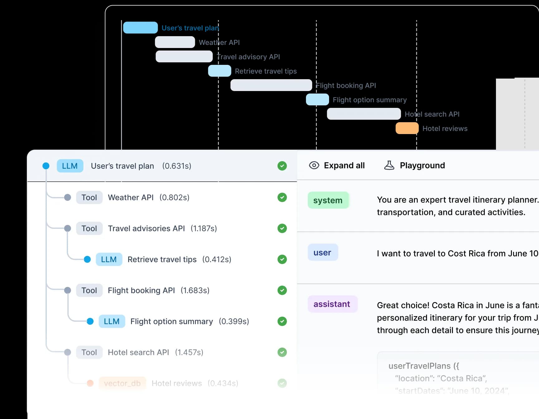 PlanckAI execution trace showing model and tool calls with timing